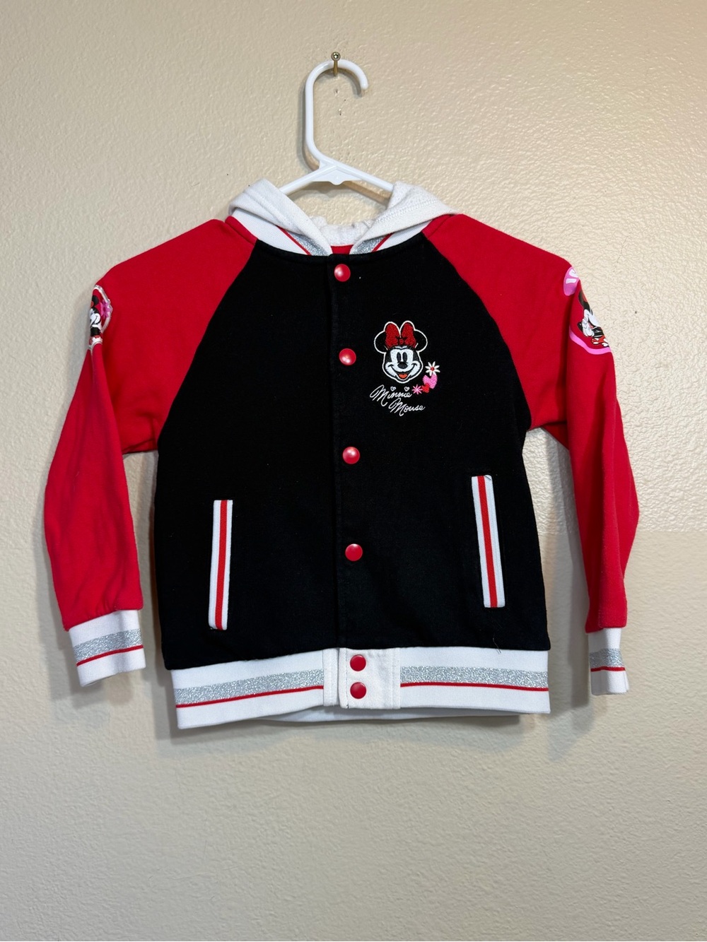 Disney Black and Red Minnie Mouse Hooded Varsity Jacket - Kids 7 girls